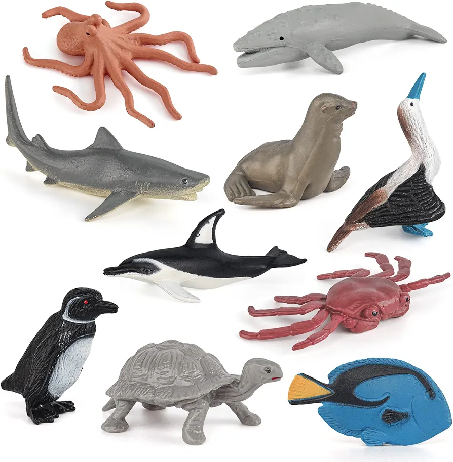 Ocean Sea Animal Figure Toys Playsets 10 PCS Mini Penguin Octopus Shark Crab Dolphin Gray Whale Sea Lion Model Toy Desktop Decoration Collection Party Favors Toys for Boys Girls Kids