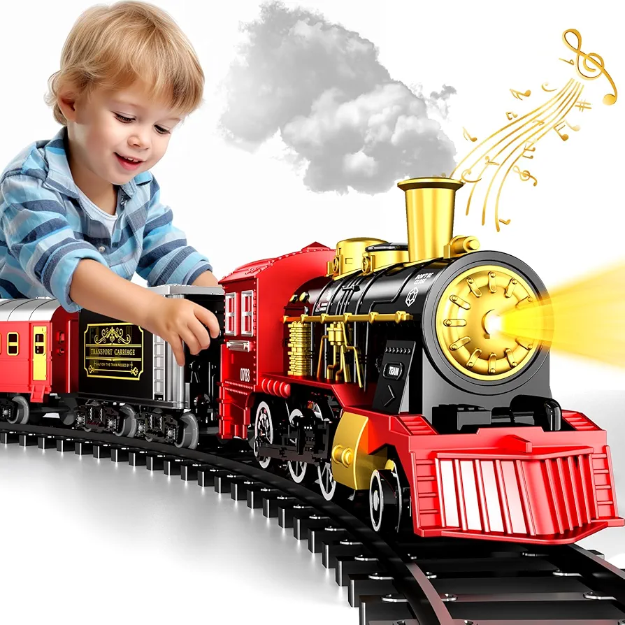 Train ElectricTrain Set with Retro Classic Locomotive Engine, Cargo Car and Long Track for Toddlers 3-5, Rechargeable Battery Operated Play Train Toys with Smoke, Light&Sounds, Gift for Kid