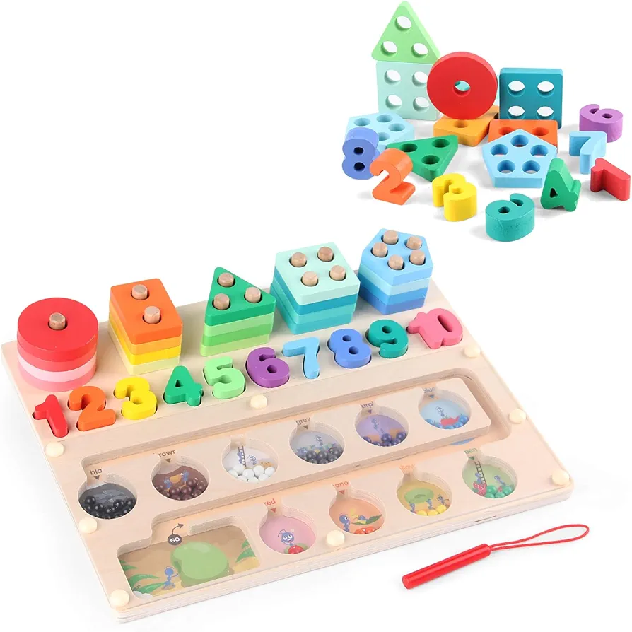 3 in 1 Montessori Toys for Toddlers, Magnetic Color and Number Maze, Wooden Puzzle Sorting Toys, Shape Sorter Counting Color Matching Toy, Preschool Education Learning Math Stacking for Kids