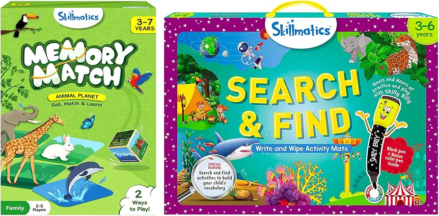 Skillmatics Memory Match Animals & Search & Find Bundle, Educational Game, Perfect for Kids, Toddlers Who Love Toys, Gifts for Girls and Boys Ages 3, 4, 5, 6, 7