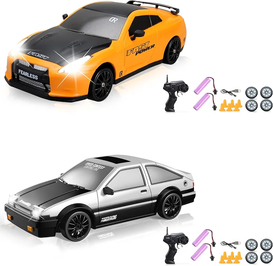 2PCS RC Drift Cars, 1/24 RC Car 2.4GHz 4WD Remote Control Car RC Drift Racing Car High Speed RC Cars with Cool Lights, 2 Rechargeable Batteries and Extra Tires Birthday Gifts for Kids