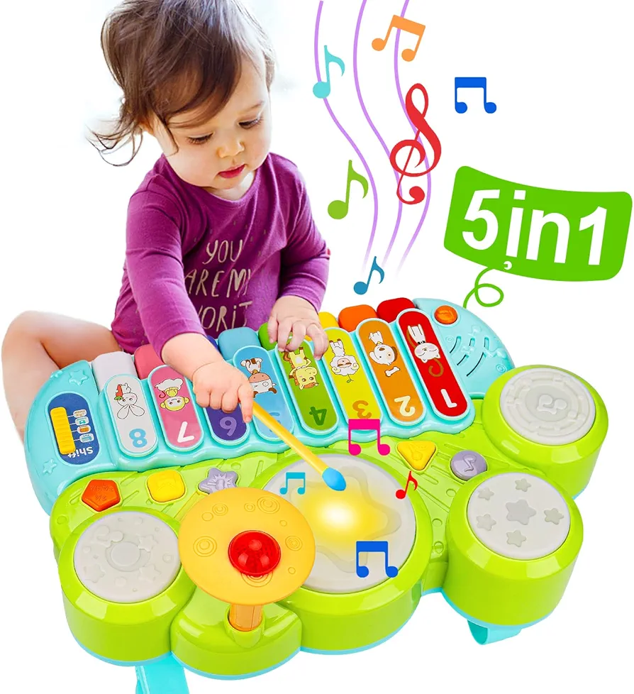 Baby Musical Toys 3 in 1 Piano Keyboard Xylophone Drum Set for 1 Year Old Girls Boys Toys Age 2 Music Instrument Learning Toys for Toddlers 1-3 Easter Gifts Infant Baby Toys 6 9 12 18 24 Month Old