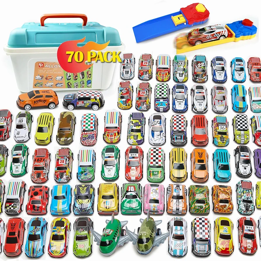 70 PCS Pull Back Toy Cars, Mini Race Cars Toys with Launcher & Map, Bulk Small Vehicles Toys for Kids Party Favors, Carnival Prizes, Pinata Fillers 3+ (70 Pack)