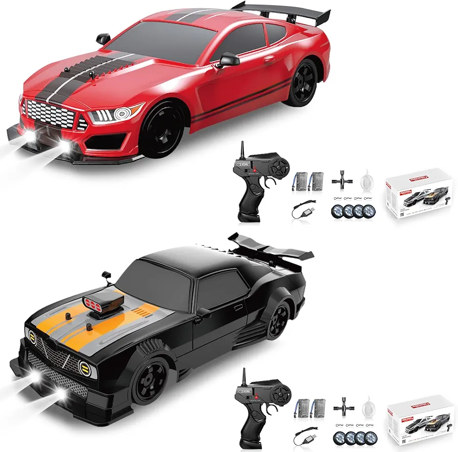 2PCS RC Drift Cars 2.4GHz 1:16 Scale 4WD High Speed Remote Control Cars with LED Lights Two Batteries and Drifting Tires Racing Sport Toy Cars for Adults Boys Girls Kids Gift