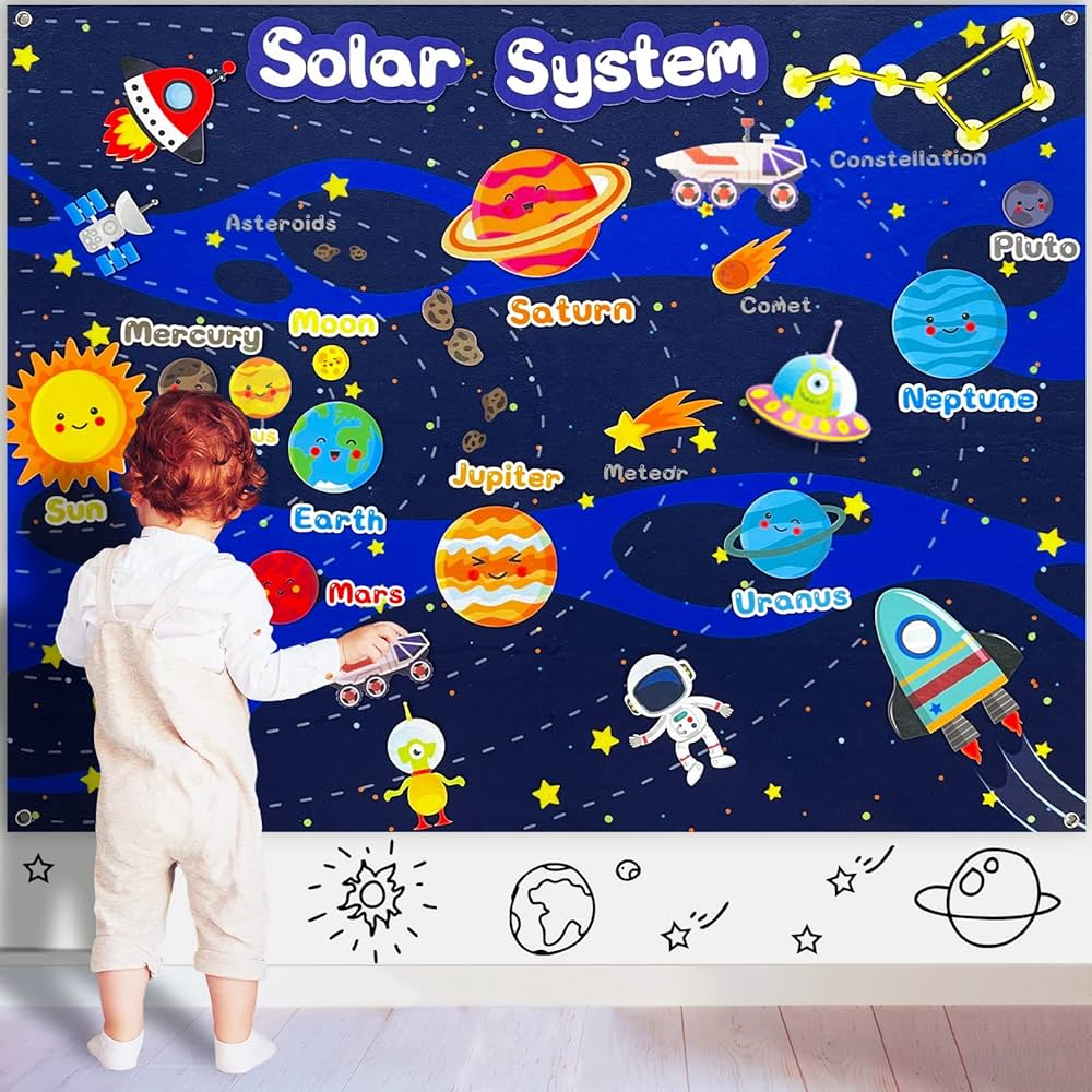 40Pcs Solar System Planets Toys Felt Flannel Board Story Set for Kids 3.5 Ft Preschool Early Learning Interactive Storytelling Play Kit Reusable Wall Hanging Space Toys Gift for Toddlers