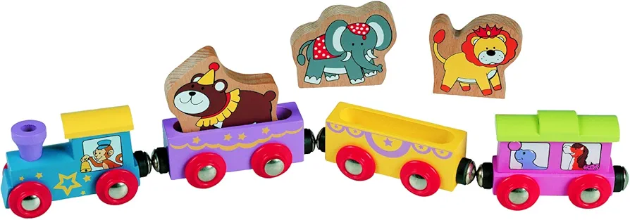 inc. Kids Circus Train with Steam Engine, 2 Cars, Caboose, 3 Wooden Animals, Colorful Hardwood Railway Set with Easy Magnetic Connectors, Sensory Learning Toy Train