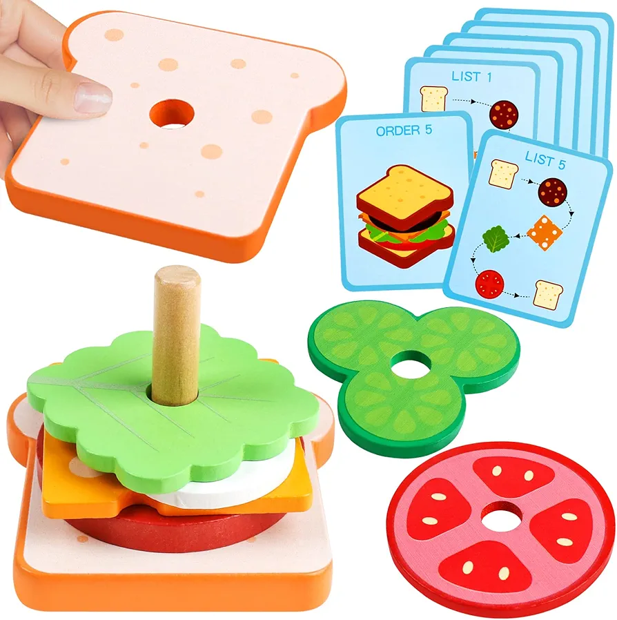 Wooden Sandwich Sorting & Stacking Toys for Toddlers Montessori Toys for 3 Year Old with Order Cards Educational Preschool Toys Fine Motor Toys for Kids Boys Girls (Sandwich)