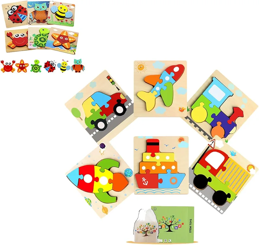 Wooden Puzzles Toddler Toys for 1 2 3 Year Old Boys Girls Montessori Jigsaw Puzzles with 6 Packs Vehicle Shape Preschool Sensory Learning STEM Toys for Kids Infant Toddlers Educational Games Gifts