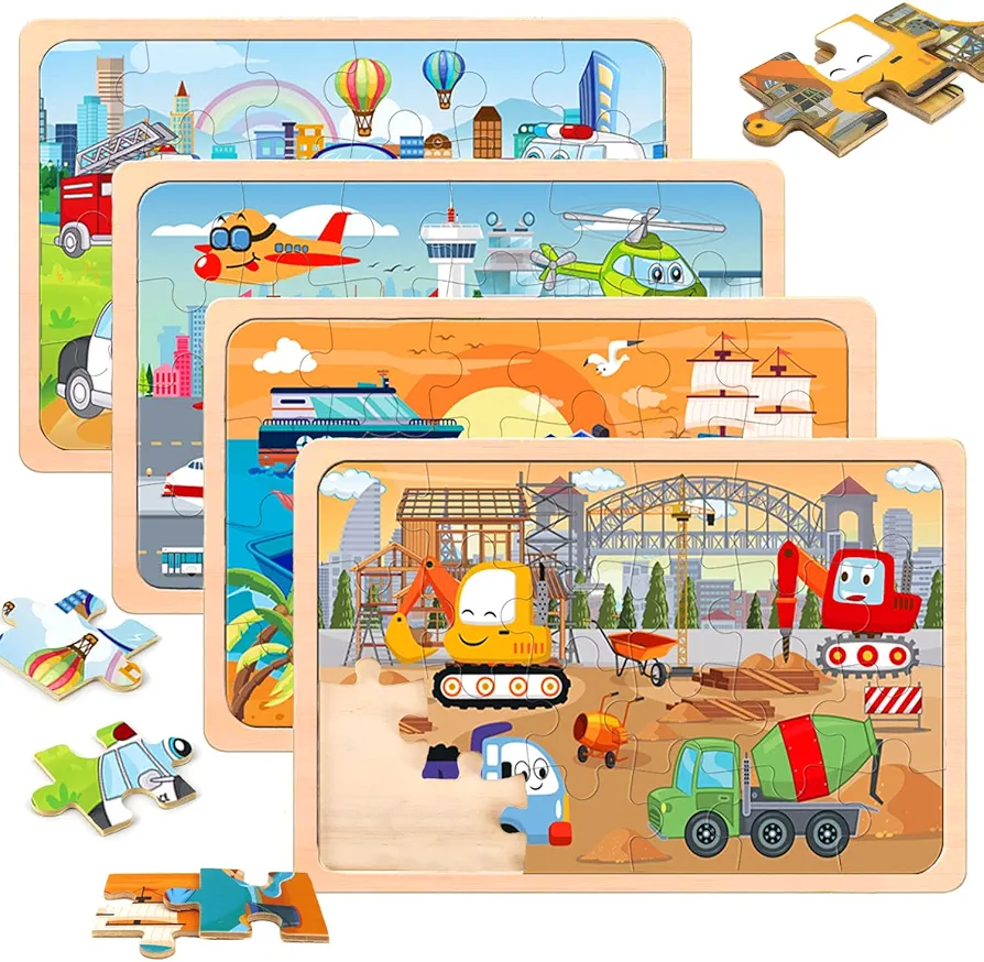 Puzzles for Kids Ages 4-6,24 Pieces Wooden Puzzles for Toddlers Ages 3-5 4-8 3 4 5 6 3-4 Year Olds.4 Pack Car Puzzle Set Children Jigsaw Puzzles for Boys and Girls Educational Learning Toys