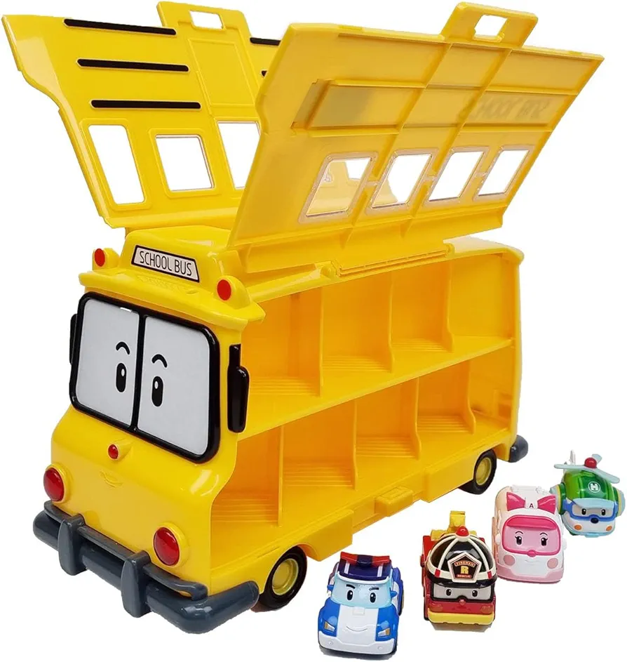 Robocar Poli Toys, [School Bus Carrier + 4 Die-Cast Metal Toy Cars/Poli, Roy, Amber, Helly] Vehicle Storage Transporter Playset, Kids Toys for Ages 3 and up