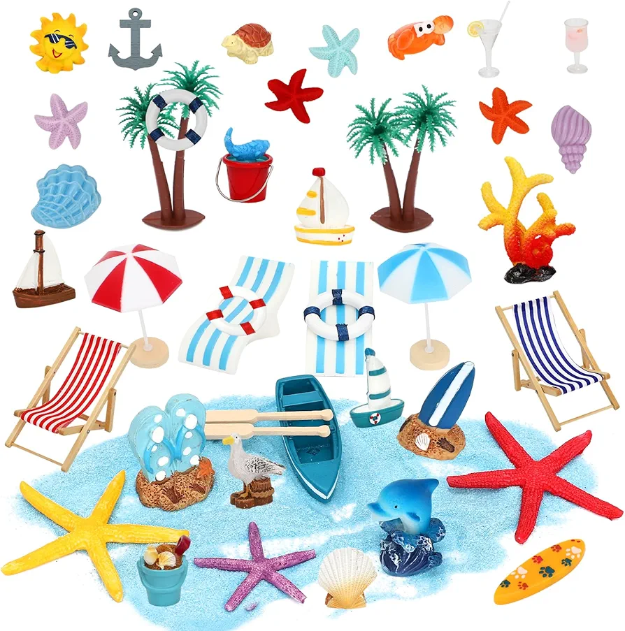 ONEST 40 Pieces Beach Miniature Dollhouse Decoration Umbrella Turtle Starfish Palm Summer Chair Beach Miniature Toys for Garden Dollhouse Accessories Beach Party Supplies Cake Decorations