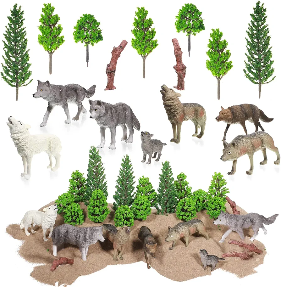 Sratte 26 Pcs Woodland Wolf Figurines Toys Model Trees Kit with Wolf Figurine Wolf Toy Playset Diorama Project Kit Cake Toppers for Kids Toddlers Birthday Gift Decor