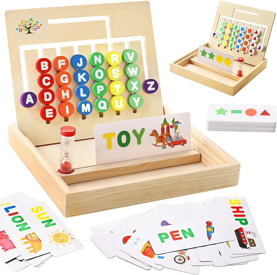 Wooden Montessori Toys for Kids 2 3 4 5 6 7 8 Years Old, Alphabet Learning Toys with 34 Cards, Color Shape Matching Slide Puzzles Brain Teaser Logic Board Games for Preschool Kindergarten Homeschool