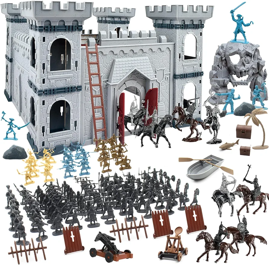 Medieval Castle Knight Toy Soldier Figures Army Men Toys, The Medieval Times Middle Ages DIY Castle Building Toy Piracy Knight Action Figurines with with 20 Piracies, 12 Soldiers, 8 Cavalry