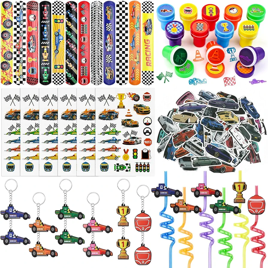 Race Car Party Favors Set - 110 pcs Race Car Birthday Party Supplies, Keychains, Slap Bracelet, Race Car Stickers, Race Car Straws, Stamps for Kids Racing Car Toy Gift, Boy Cars Birthday Decoration