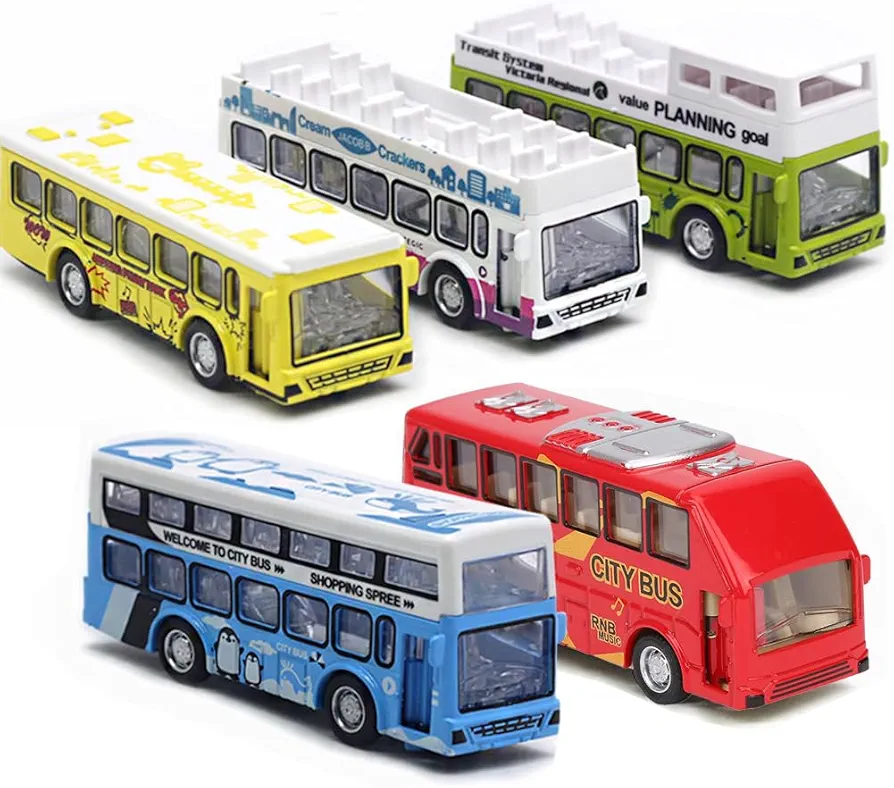 Die Cast Metal Toys Buses Set, 1:64 Scale Double Decker City Bus Vehicles, Openable Doors, Pull Back Cars Play Toys for Toddle Boy Girls 2-8 Years Old Birthday Gift