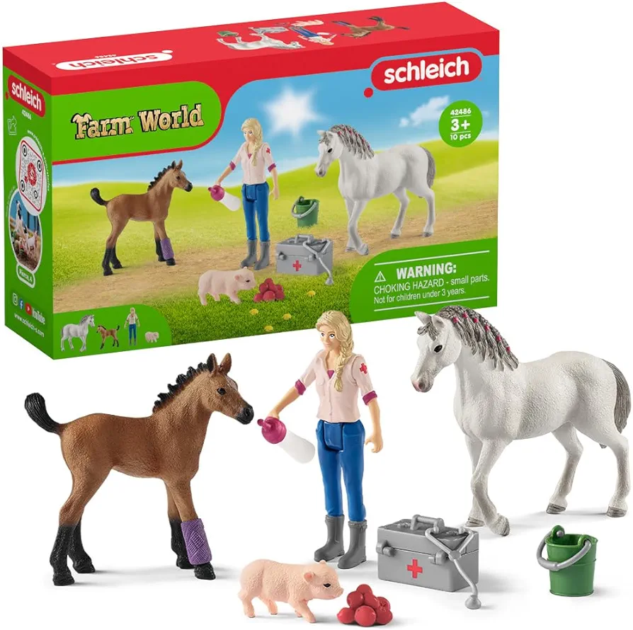 Schleich Farm World 9pc. Vet Visit Playset with Piglet, Mare, and Foal Horse Figurines - Detailed and Durable Farm Animal Toy Set, Fun and Educational Play for Boys and Girls, Gift for Kids Ages 3+