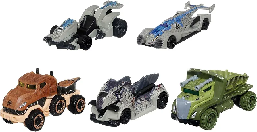 Hot Wheels Jurassic World Dominion Toy Character Cars 5-Pack in 1:64 Scale: Beta, Giganotosaurus, T-Rex, Triceratops & Velociraptor