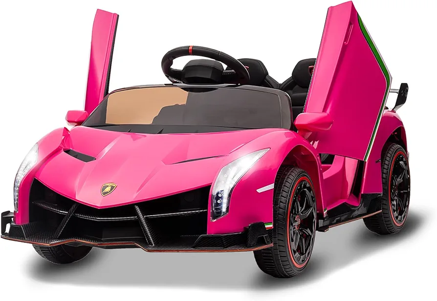 Kids Ride On Car, Licensed Lamborghini Veneno 12V Battery Powered Electric Car w/Parent Remote Control, Scissor Door, 3 Speeds, LED Headlights, Rocking & Music, Ride on Toy for Boys Girls, Pink