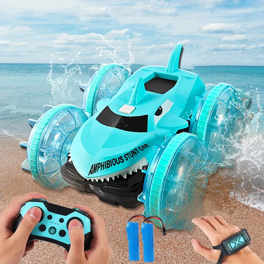 Remote Control Car Boat Amphibious Stunt Shark Vehicle Gesture RC Car with Waterproof Remote Control 360° Flips Rotation Pool Beach Toys for Kids Ages 6-12 Gifts for Boys Girls