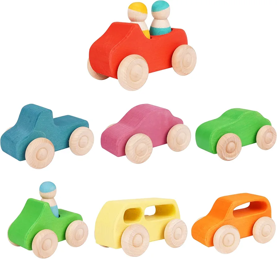 Montessori Wooden Car Toys - 7 Rainbow Wooden Vehicle Set Toy for Toddlers and Babies 3 Wooden Peg Doll, Colorful Pretend Play Wooden Push Cars Development Toys and Infant Toys