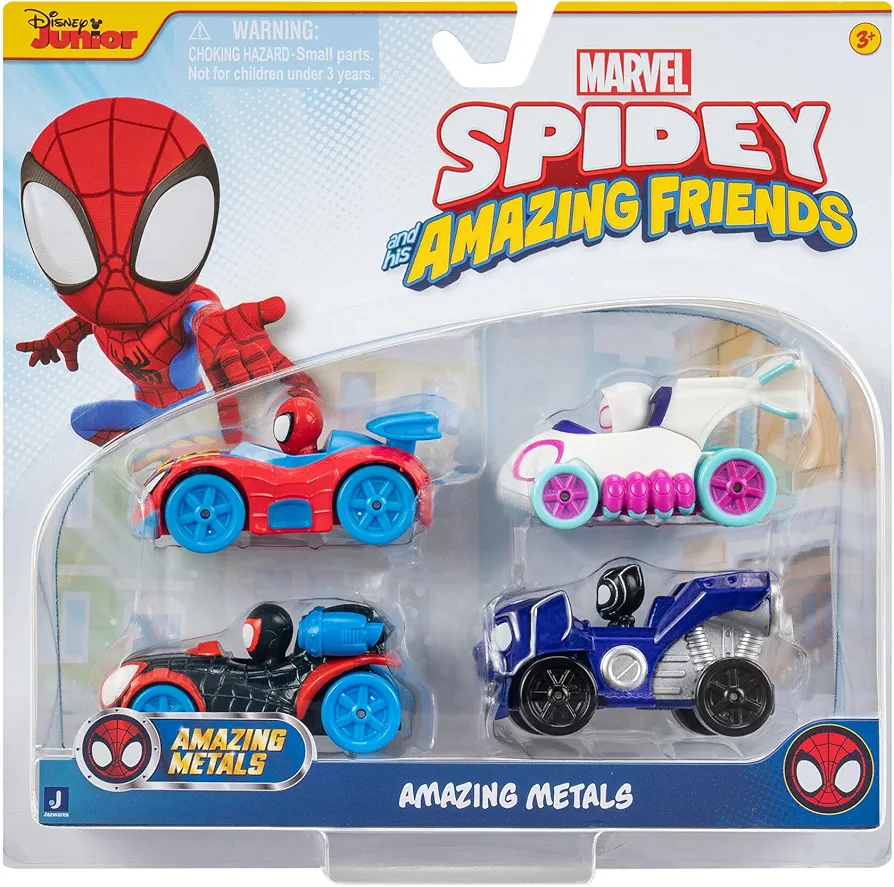 Marvel Spidey and Friends 4-Pack Die-Cast Vehicles - Includes Spidey, Ghost-Spider, Black Panther, Miles Morales - Superhero Toys for Kids 3+