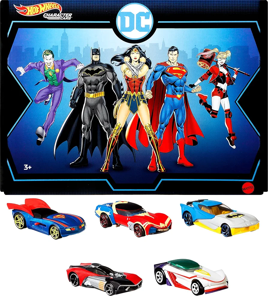 Hot Wheels Toy Cars 5-Pack, Set of 5 DC Character Cars in 1:64 Scale: Superman, Batman, Wonder Woman, The Joker GT & Harley Quinn