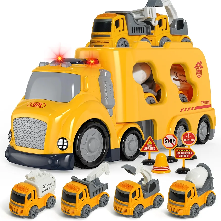 Construction Car Toys Set for 3 4 5 6 Years Old Toddlers Boys & Girls Gift, 4 Small Friction Powered Cars Trucks Crane Mixer Excavator, Sound and Light Big Truck 10*3.5*4.7 INCH, Road Signs