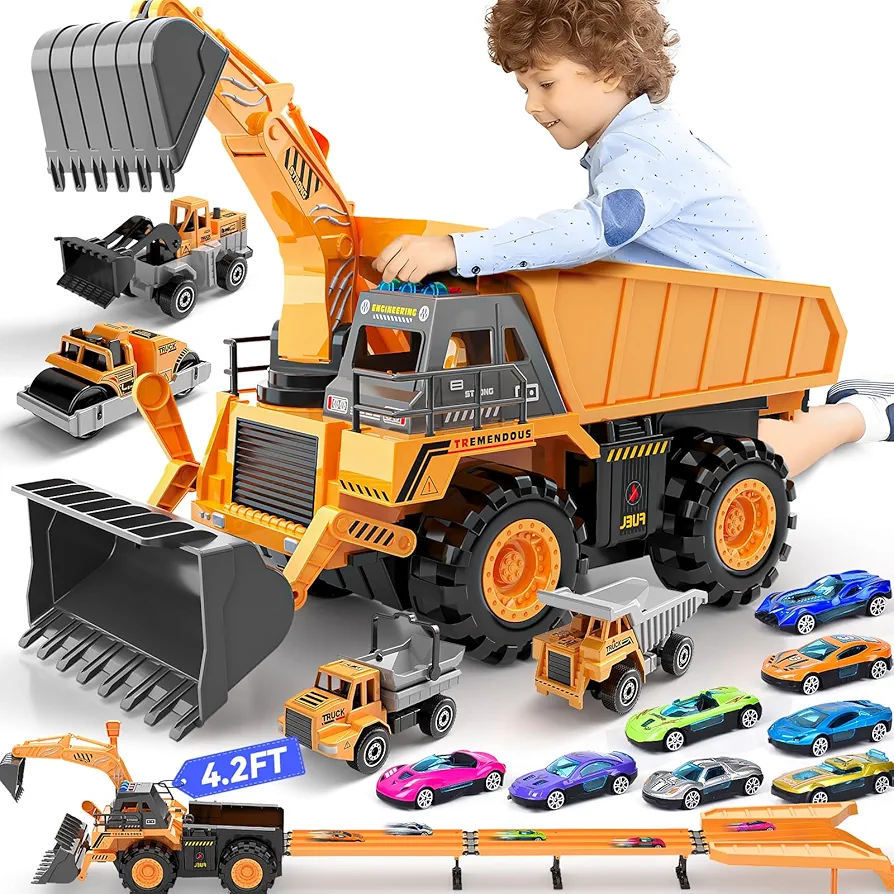 Construction Truck Toys for 3 4 5 6 7 Year Old Boys, Large Construction Vehicles with 4.2Ft Race Track & 12 Diecast Cars, Trucks Excavator Bulldozer Toy for Kids Birthday