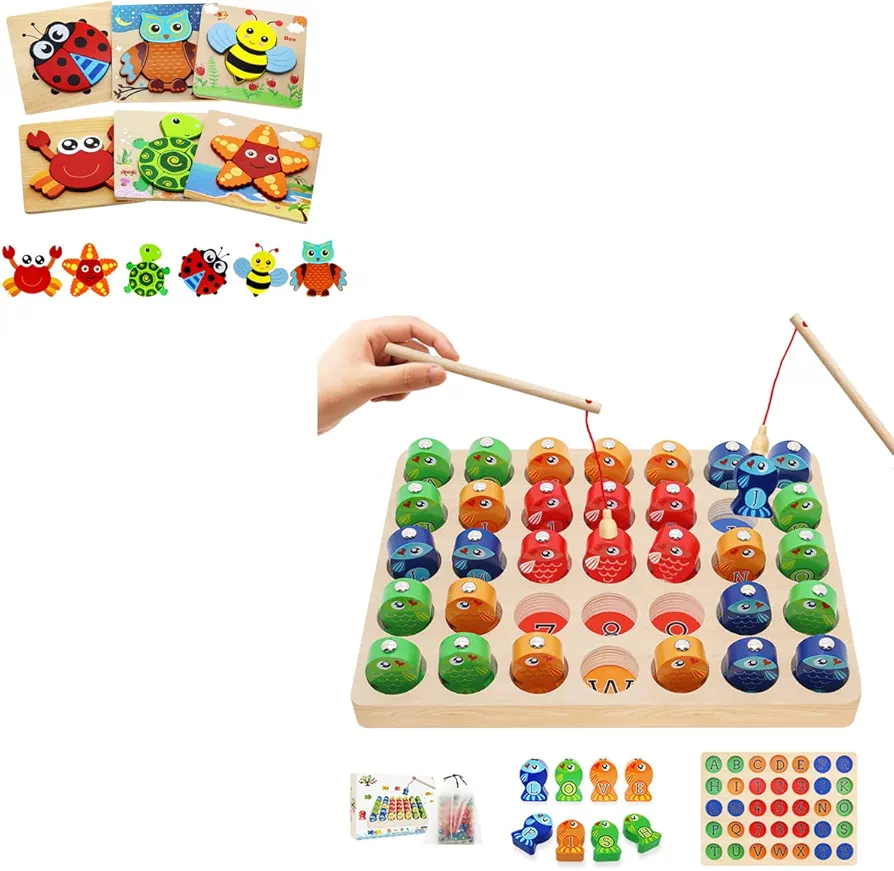 Montessori Toys for 1 2 3 4 5 6 Year Old Boys Girls,Wooden Magnetic Fishing Game & Wooden Toddler Animal Puzzles Toy,Kids Toddler Toys for Ages 1+ Year Old Preschool Learning Educational STEM Gifts