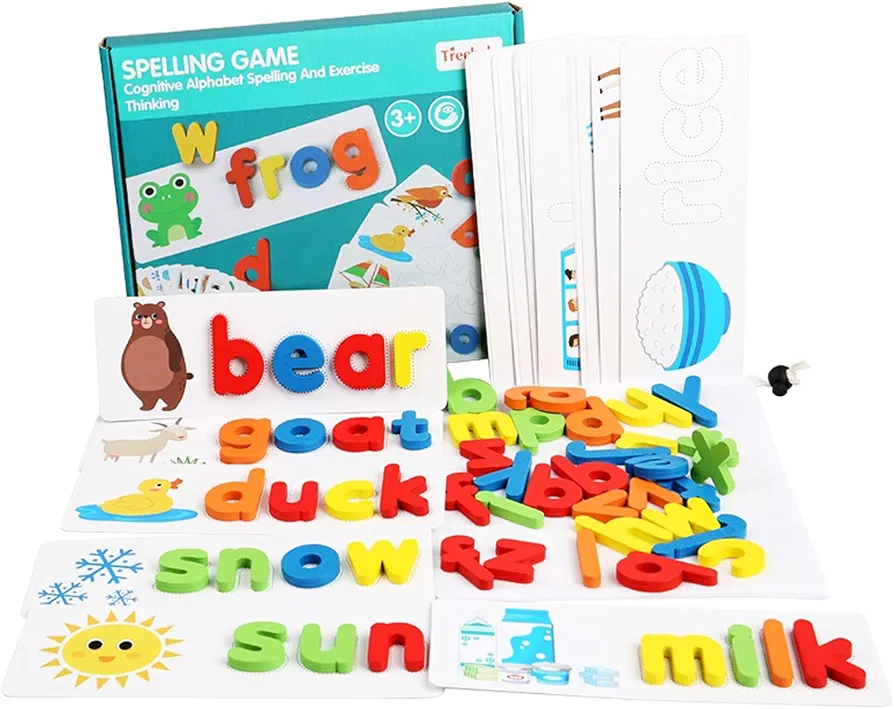 Wooden Toddler See and Spelling Learning Toy Matching Alphabet Word Game with 56 Different Words on 28 Two-Sided Cognitive Cards Letter Jigsaw Puzzle Toys for Kid’s Montessori Preschool Education