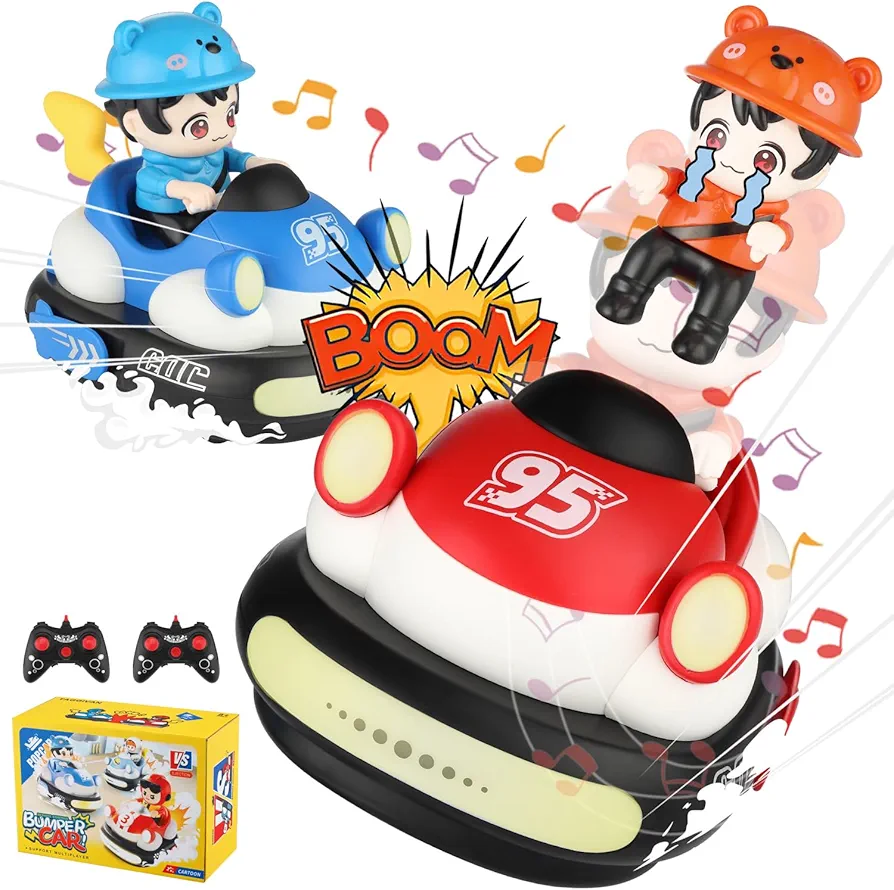 Cartoon RC Bumper Cars, 2 Set Racing & Battle Toy for Boys & Girls, 1 Hour Endurance Lithium Battery, Music & Lighting, Collisions Spray Toy Robot, 8+ Kids & Family Games, for Xmas Birthday