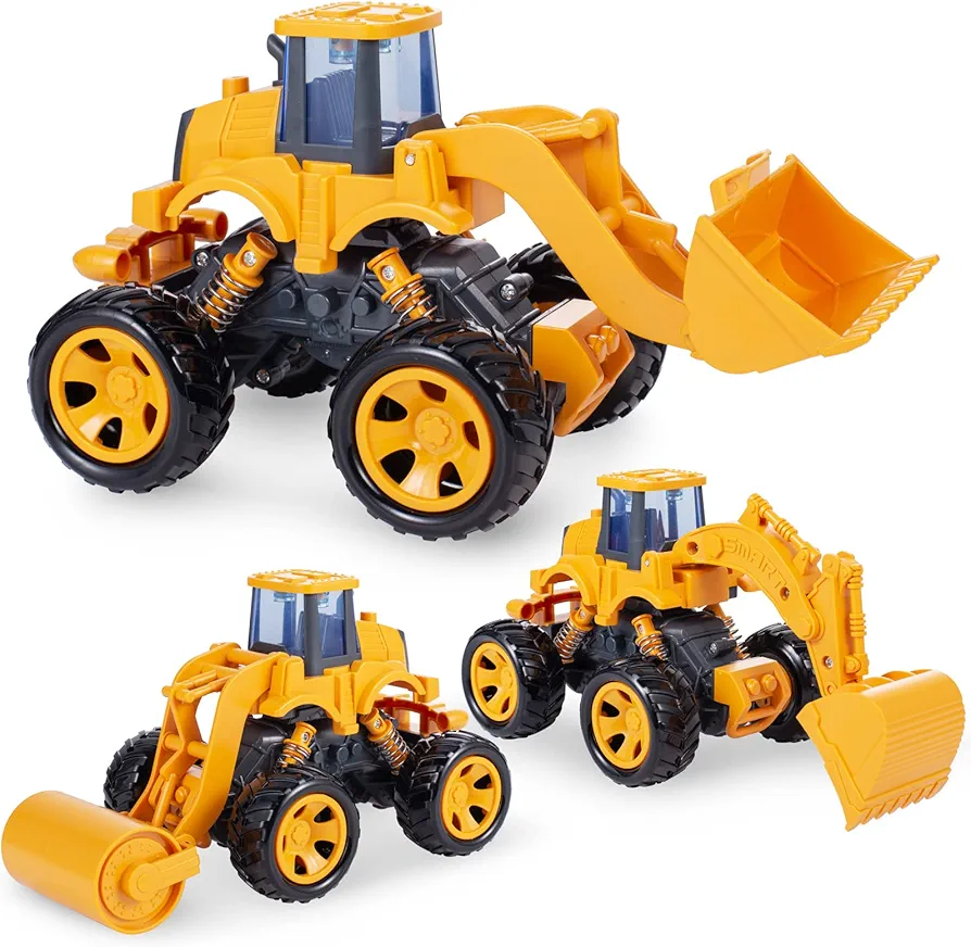 Construction Toys 7.5", Friction Powered Monster Wheels Sand Truck Toys, Beach Toys, Sandbox Toys, Excavator Wheel Loader Road Roller Toys for 3, 4, 5, 6, 7 Years Old Boys Girls (3 Pack)