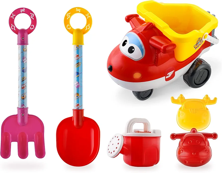 Beach Toys Sand Toys - Super Wings Toys Playset - Beach Toys for Kids Age 3-5 - Sandbox Toys 6 Pieces Including Shovel, Rake, Watering Can, Sand Trucks Set and 2 Sand Molds