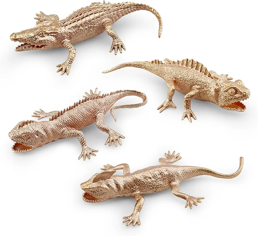 Golden Crocodile Lizard Toy Set for Realistic 4PCS Gold Alligator Cupcake Decorations Chameleon Cake Decorations for Boys 4 Inch for Kids Toddlers Birthday Gift