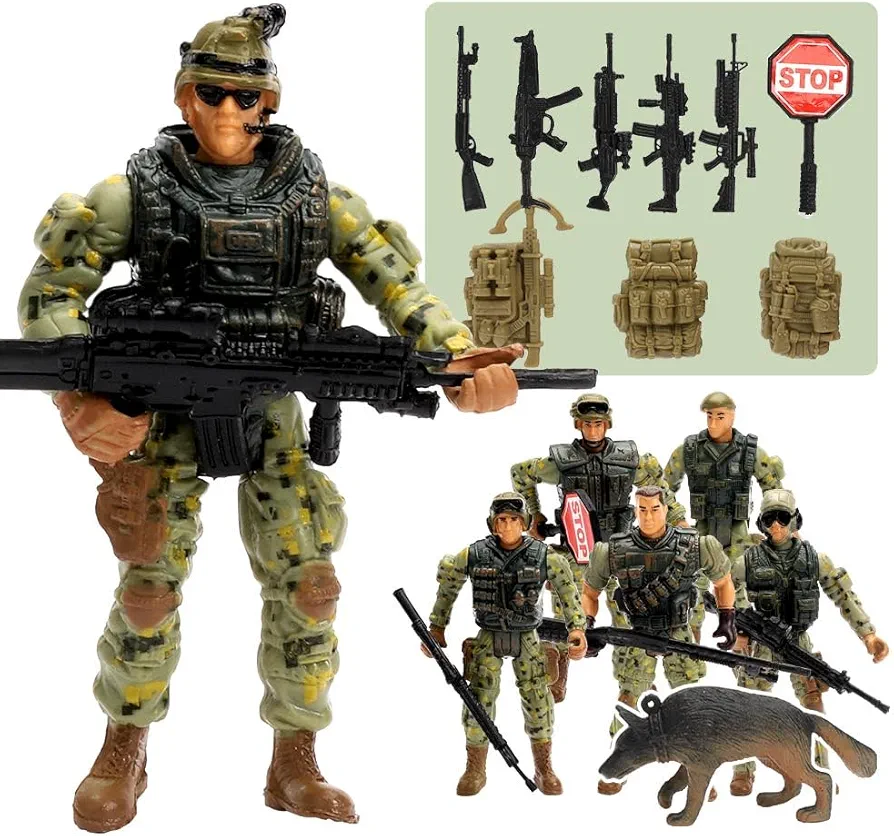 ViiKONDO Action Figure Army Men Toy Soldier 1/18 Scale 3.75inch Military Figurine 6pcs US Special Force SWAT Team Weapon Accessory Patrol Dog Wargame Boy Gift