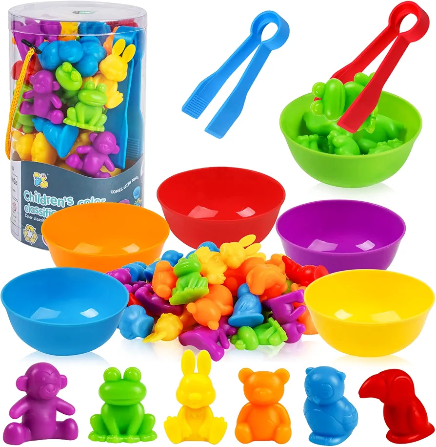 36PCS Counting Animals Matching Games Sensory Toys with Sorting Bowls Preschool Learning Activities Color Classification Montessori Educational Toys Set Gift for Boys Girls Toddlers Toys Age 3+