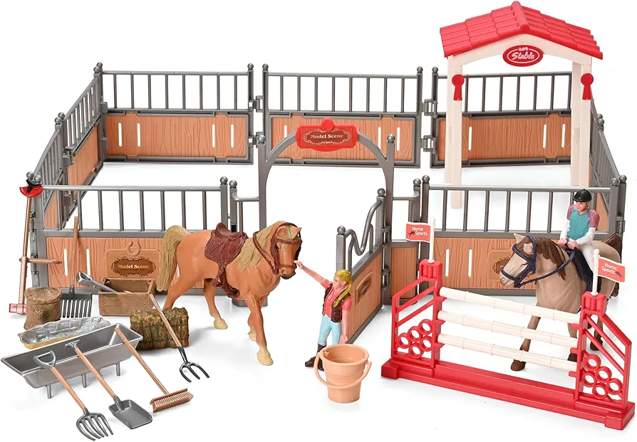 Plastic Farm Animal Toy Figures Playset, Horse Toys for Girls and Boys Kids Pretend Play Toys, 26pcs Horse Stable Playset with Rider and Fence Toddler Animal Toys for Birthday Gift