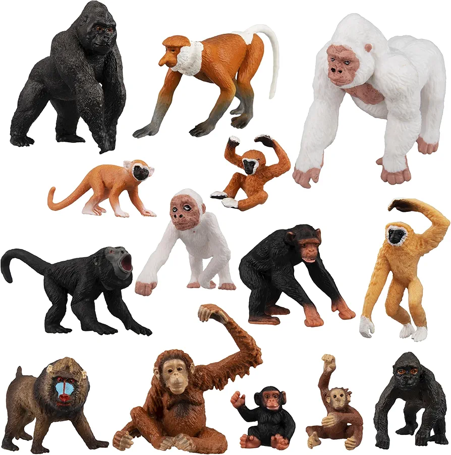 Toymany 14-Piece Monkey & Gorilla Figurines Set, Jungle Animals Playset, Cake Toppers, Christmas & Birthday Gifts for Kids