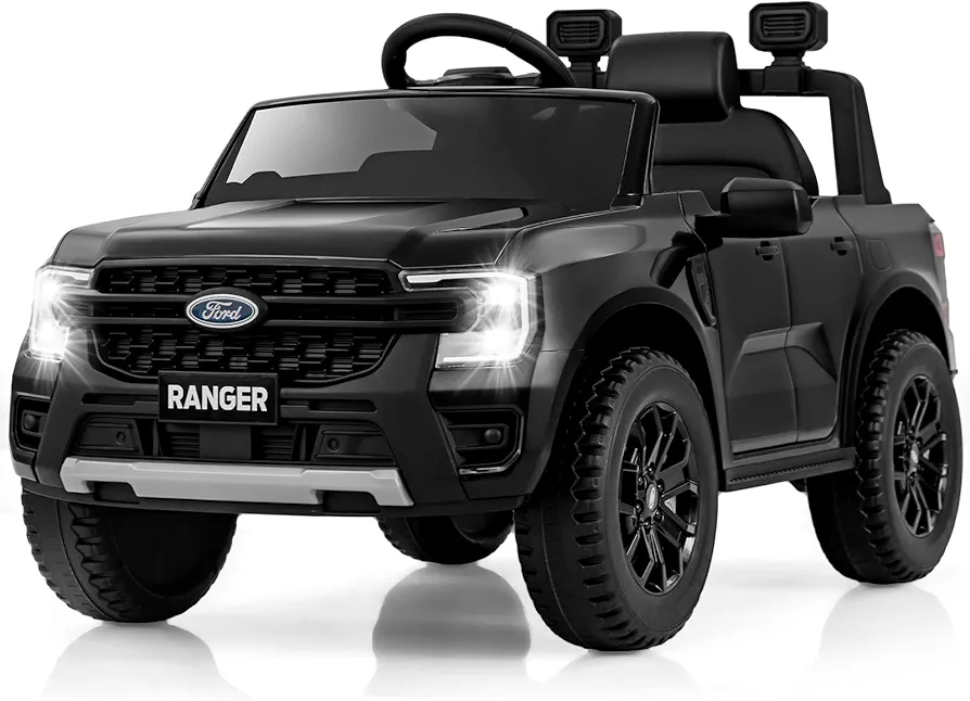 Licensed Ford Ranger Ride on Car for Kids by OLAKIDS, 12V Electric Vehicle with Remote Control, Toddlers Battery Powered Toy Gift with 2 Speeds, Wheels Suspension, Storage Space, Bluetooth USB (Black)