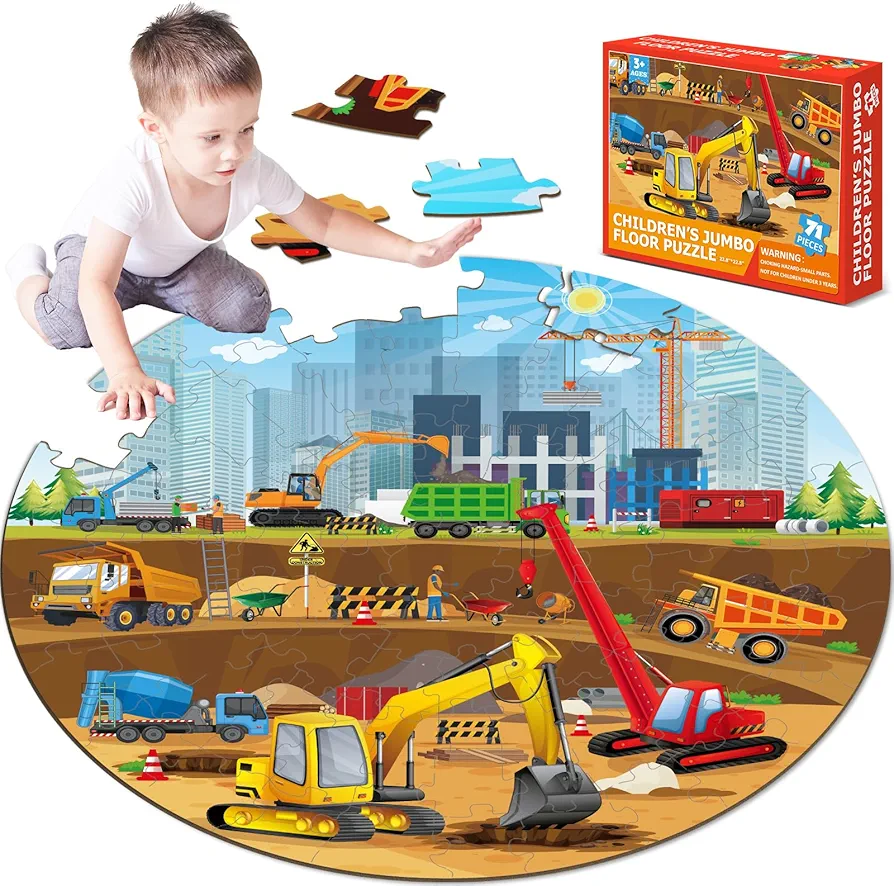 Construction Jumbo Floor Puzzle for Kids 71Pcs Construction Vehicle Large Floor Round Puzzles for Toddler Ages 3-8 Construction Truck Cars Theme Development Educational Toys Gift for Boys 22.8 inch