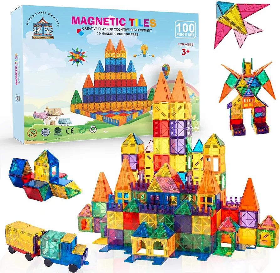 Deluxe 100-Piece Magnetic Construction Set with 2 Cars, Magnetic Tiles Toddler Toys, Magnetic Blocks Sensory Toys, Montessori Toys Building Toys in Classroom Supplies, Kids Toys