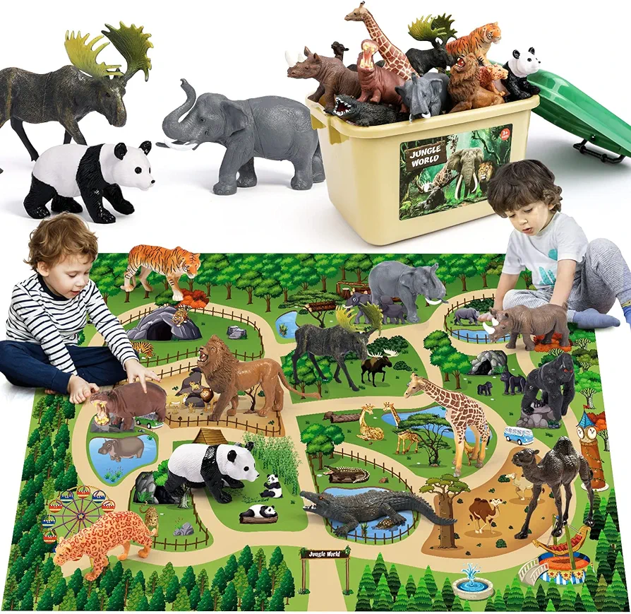 FRUSE Safari Animals Figures Toys w/ 57”x38.5”Jumbo Play Mat,12PCS Realistic Jungle Wild Zoo Animals Figurines Playset with Panda,Lion,Elephant,Educational Learning Toys for Toddlers Kids