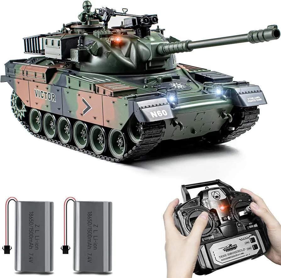 1:18 RC Tank, 2.4Ghz US M60 Remote Control Tank Model Toys, 15 Channel Battle Military Tank with Smoke, Light Sound, Volume Switch, Army Toy for Adult and Kid That Shoots BBS and Water Bombs