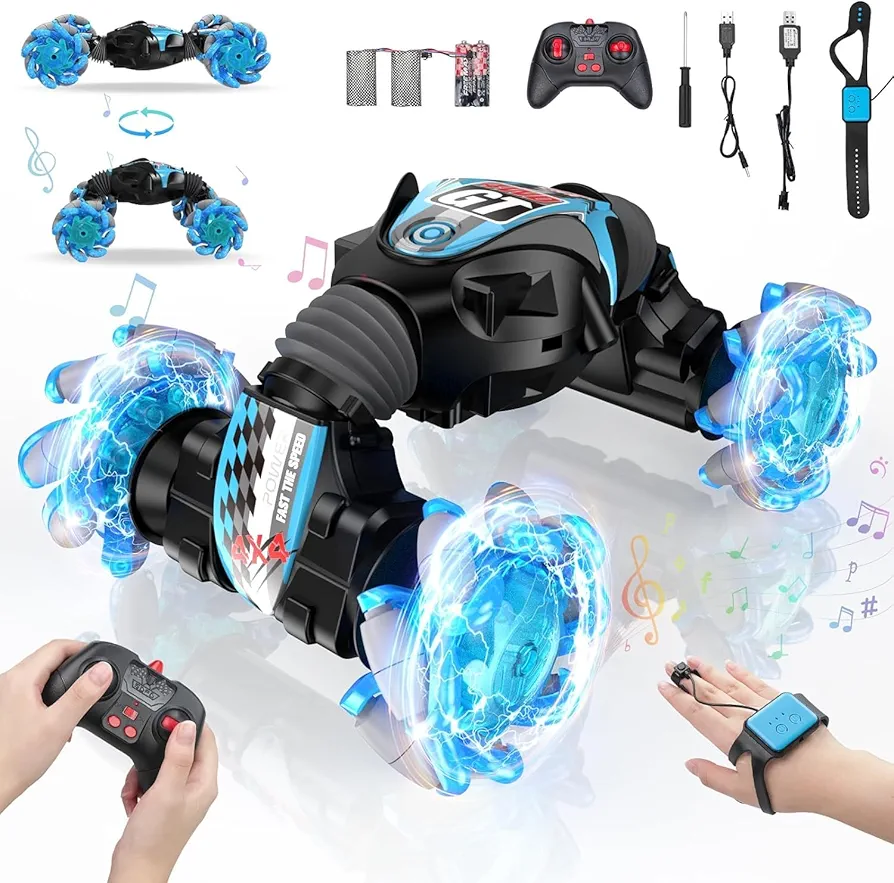 Gesture Sensing RC Stunt Car, 165Ft Gesture RC Car with Music & Light, 4WD Rechargeable Gesture RC Stunt Car,Hand Remote Control Car On/OFF Road Hobby RC Car Toy Vehicle Gift for Boy Kids 8-12 Years