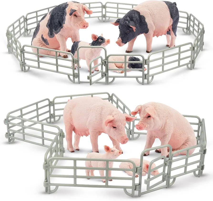 Toymany 28PCS Realistic Pig Figurines Set with Fence Toys, Plastic Farm Animals and Fencing Panel Accessories Playset, Birthday Christmas Toy Gift for Kids