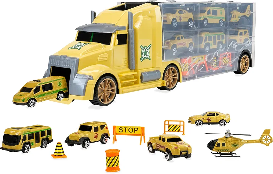 Childrens 2-in-1 Big Rig Carrying Case Storage Box for Diecast Matchbox Cars for Kids Boys Girls (Yellow)