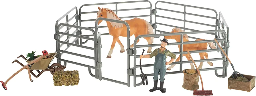 Farmer and Horses with Fence Children's Toy Figurine 9 Piece Playset