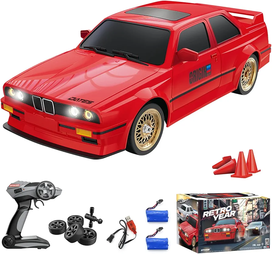 RC Drift Car for Kids Adults 1:16 Scale 2.4Ghz 4WD High Speed RTR Racing Car 30KM/H with Led Lights Remote Control Vehicle Sport Toy Gifts for Girls Boys, Two Batteries and Drift Tire Included