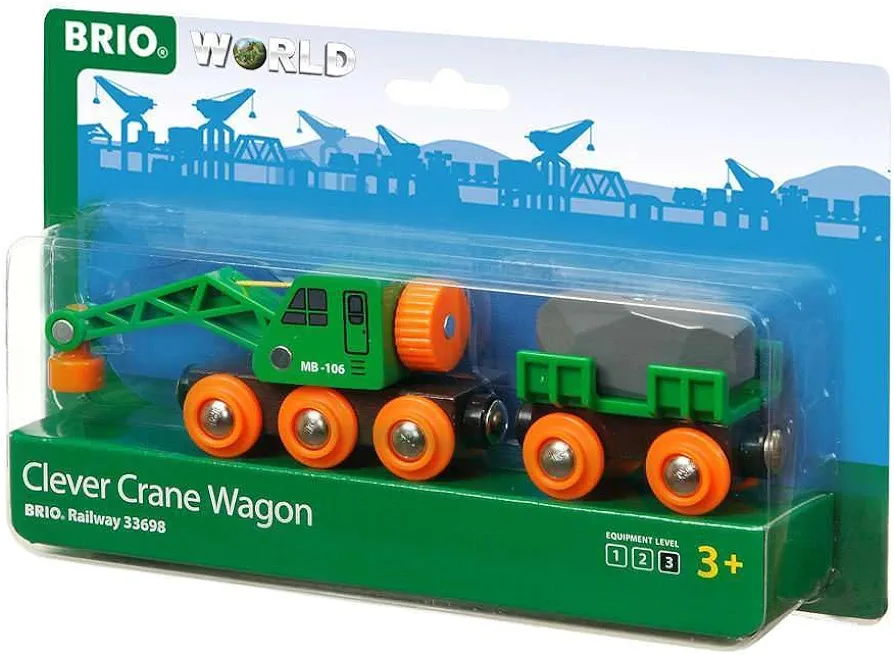 BRIO World 33698 - Clever Crane Wagon Set - 4 Piece Wooden Toy Train Set for Kids | Imaginative Play | Compatibility with Other Sets | FSC-Certified Wood